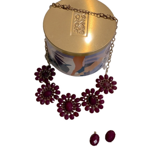 Fashion Jewelry Necklace and Earring Set Deep Purple Flowers Gold Setting
